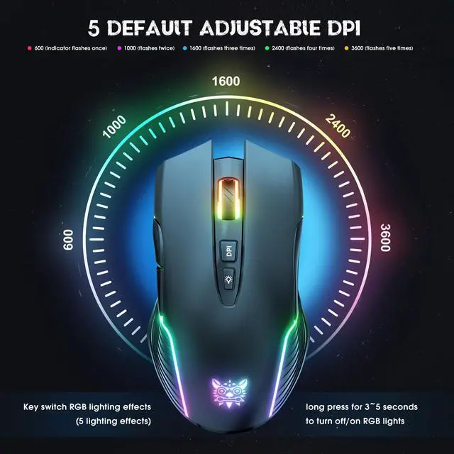 Alt view image 3 of 7 - Wireless Gaming Mouse, 2.4Ghz Connection, 5 RGB Backlit Modes, Ergonomic Computer Mice with 7 Macro Buttons, Adjustable DPI, Rechargeable Office Cordless Mouse for PC/Mac/Laptop