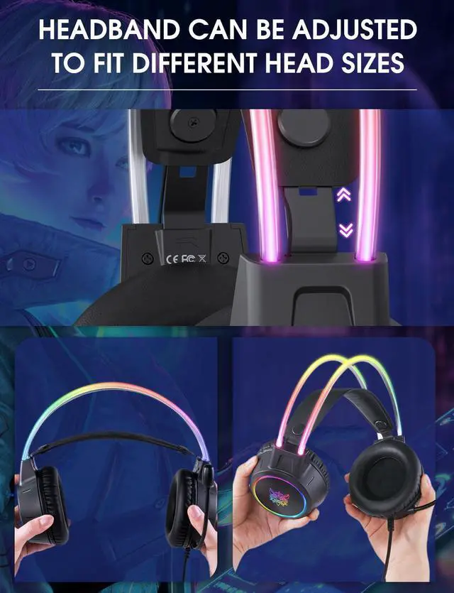 Alt view image 6 of 7 - Lightweight Game Headset with RGB Lighting, Wired Over Ear Headphones with Mic for PC, PS4, PS5, Switch, Stereo Surround Sound, Self-Adjusting