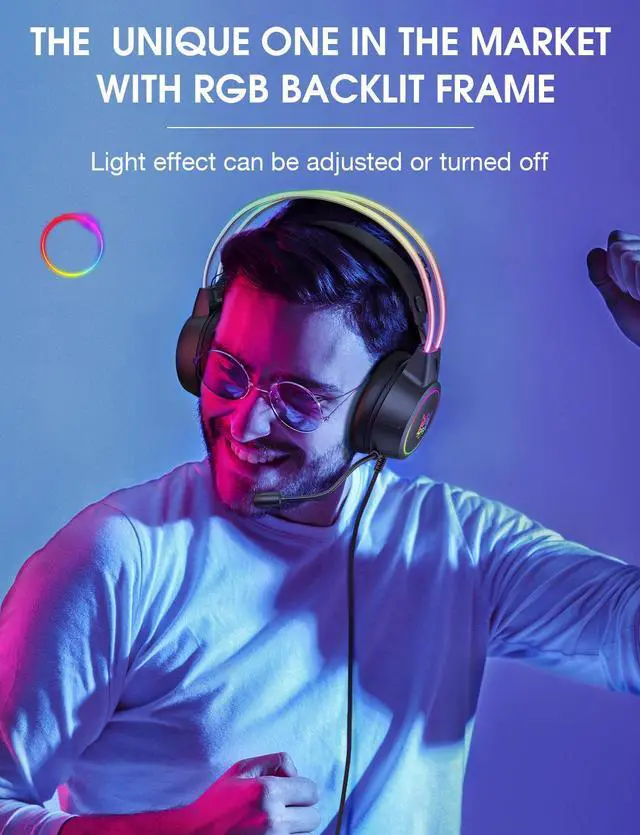 Alt view image 4 of 7 - Lightweight Game Headset with RGB Lighting, Wired Over Ear Headphones with Mic for PC, PS4, PS5, Switch, Stereo Surround Sound, Self-Adjusting