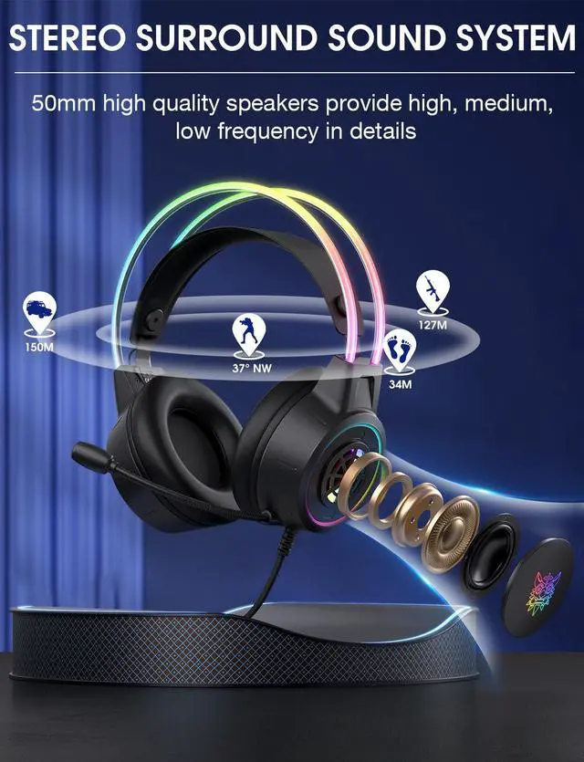 Alt view image 7 of 7 - Lightweight Game Headset with RGB Lighting, Wired Over Ear Headphones with Mic for PC, PS4, PS5, Switch, Stereo Surround Sound, Self-Adjusting