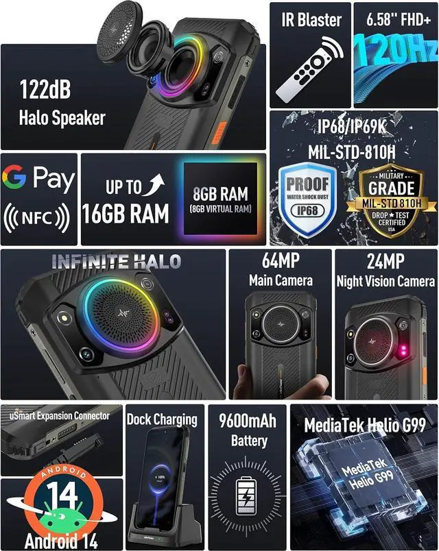 Alt view image 4 of 7 - sluting Ulefone Armor 21 Phone Android 14 Rugged Phone Unlocked 16G+256GB Rugged Smartphone 9600mAh 6.58" FHD+ 120Hz 64MP+24MP Night Vision Camera Dual SIM IP68 Smartphone NFC 122dB loudest Speaker IR