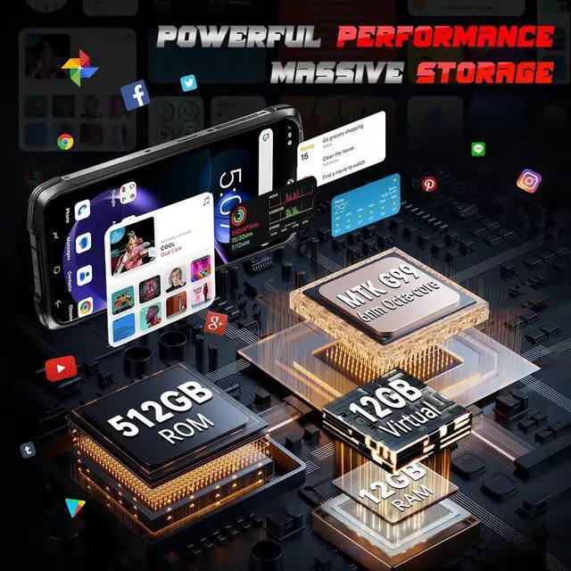 Alt view image 5 of 7 - CUBOT King Kong 9 Rugged Phone Unlocked Android 14-24GB RAM+512GB ROM Cell Phone, 10600mAh(33W) Battery, 100MP Camera Smartphone, 6.58''FHD+120Hz Dual Screen, G99/4G Dual SIM/IP68/IP69K/NFC/GPS