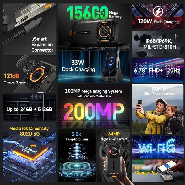 Alt view image 5 of 7 - sluting Ulefone Armor 26 Ultra 5G Rugged Smartphone, MTK Dimensity 8020 24GB+512GB, 200MP Quad Camera, 15600mAh(120W), 33W Dock Charging, 121dB Speaker, 6.78" FHD+ Corning Gorilla Screen, IP68/69K, An