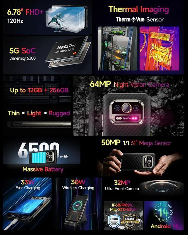 Alt view image 3 of 6 - sluting Ulefone Armor 25T Pro 5G Rugged Phone, Integrated with ThermoVue Thermal Imaging, Dimensity 6300 5G, 12(6+6)+256GB, 50MP+64MP+32MP Camera, Android 14, 6.78 120Hz, 6500mAh/Wireless Charging