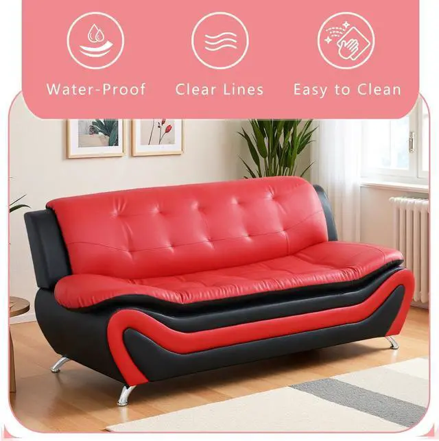 Alt view image 5 of 6 - taoruifang Black & Red Faux Leather Loveseat Living Room Sofa 2 Seater Couch with Metal Legs for Living Room/Bedroom/Office