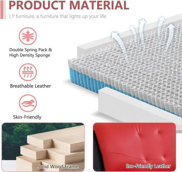 Alt view image 2 of 6 - taoruifang Black & Red Faux Leather Loveseat Living Room Sofa 2 Seater Couch with Metal Legs for Living Room/Bedroom/Office