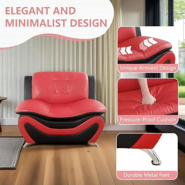 Alt view image 3 of 5 - taoruifang Black & Red Faux Leather 1 Seat Living Room Sofa Reading Accent Chairs, Single Sofa Chair with Metal Legs for Living Room/Office/Bedroom