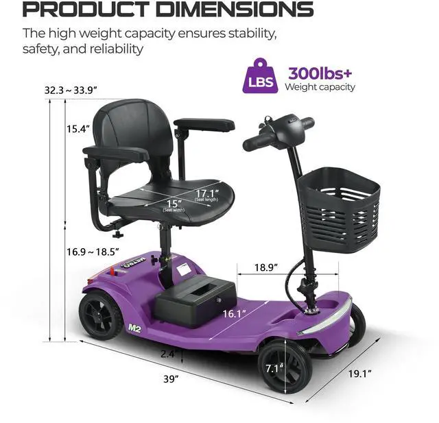 Alt view image 4 of 7 - taoruifang Battery Powered 4 Wheel Mobility Scooter for Seniors-Electric Scooter for Adults- Heavy Duty Structure for All Terrain Indoor Outdoor Maximum Load Capacity 300 lb (Purple Color)