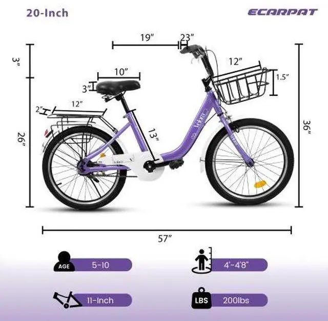 Alt view image 5 of 7 - taoruifang 20 Inch Kids Bike for Boys & Girls, Children's Bicycle with Coaster Brake & V-Brake, 1-Speed, Chain Guard & Rear Rack, Lightweight Steel Frame light camel