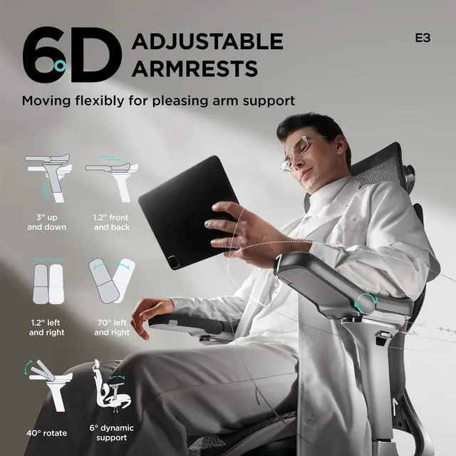 Alt view image 4 of 7 - Hbada E3 Ergonomic Office Chair Pro with Dynamic Lumbar Support, 4D Adjustable Headrest for Home Office Chair, 6D Adjustable Armrests Desk Chair, Swivel Big and Tall Computer Chair, Gray