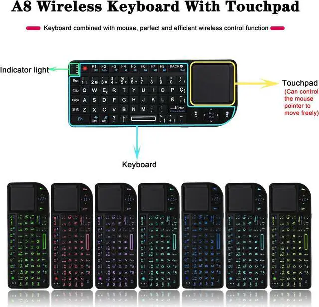 Alt view image 3 of 5 - A8 Mini Wireless Mouse And Keyboard With Laser Touchpad Keyboard, Colour: English White Backlight
