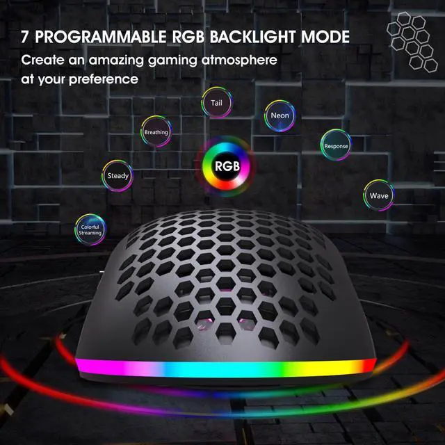 Alt view image 6 of 7 - HXSJ T66 7 Keys Colorful Lighting Programmable Gaming Wireless Mouse