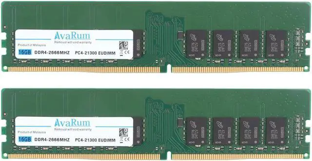 Main image of 32GB 2x16GB DDR4-2666 PC4-21300 2Rx8 ECC Unbuffered EUDIMM Memory by Avarum RAM