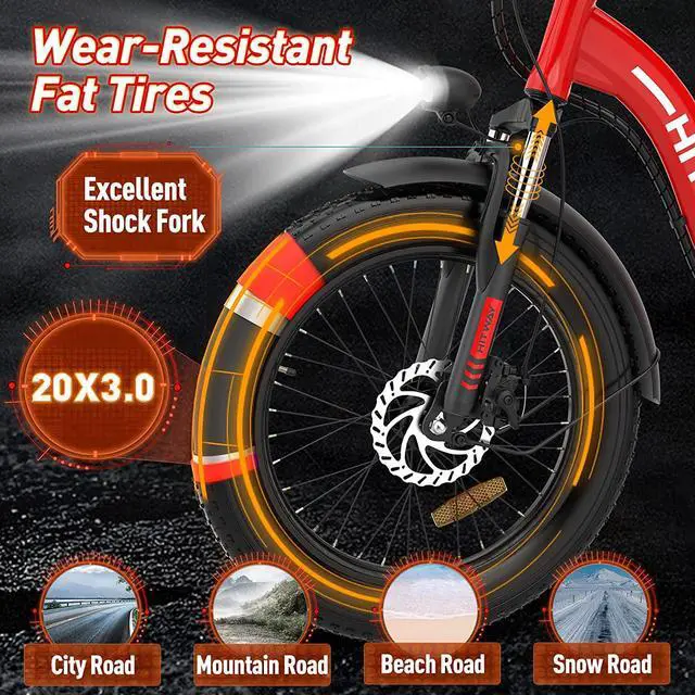 Alt view image 3 of 4 - HITWAY Electric Bike, 20" Fat Tire E Bike 750W 20MPH Removable Folding Electric Bike, 48V/14Ah Battery 55-120KM, Mountain Bike Snow Beach Bicycle with Shimano 7 Gears