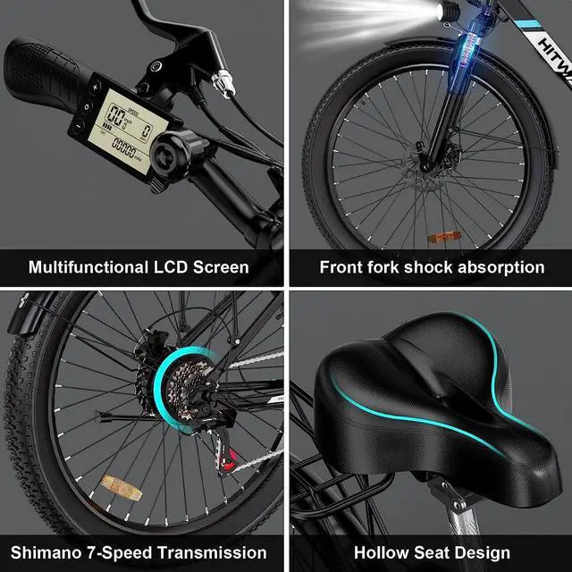 Alt view image 2 of 5 - HITWAY Electric Bike for Adults, 750W/48V/14Ah Ebike with Removable Battery, 20MPH/35-75Miles with 26"×3.0 Fat Tire, Shimano 7-Speed Transmission Black/Blue