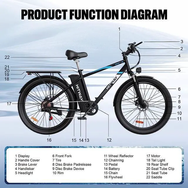 Alt view image 4 of 5 - HITWAY Electric Bike for Adults, 750W/48V/14Ah Ebike with Removable Battery, 20MPH/35-75Miles with 26"×3.0 Fat Tire, Shimano 7-Speed Transmission Black/Blue