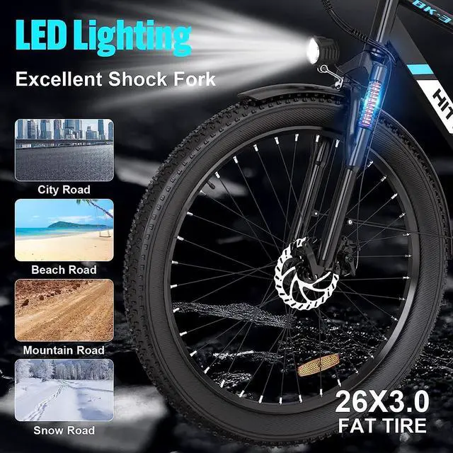 Alt view image 3 of 5 - HITWAY Electric Bike for Adults, 750W/48V/14Ah Ebike with Removable Battery, 20MPH/35-75Miles with 26"×3.0 Fat Tire, Shimano 7-Speed Transmission Black/Blue