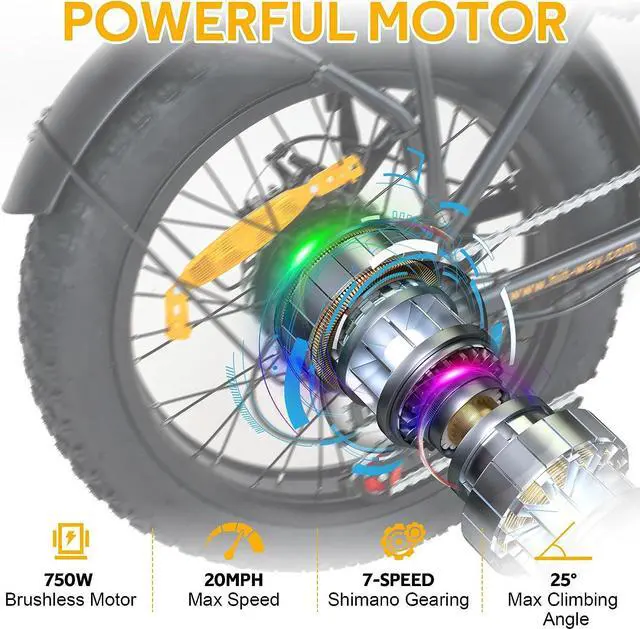 Alt view image 5 of 6 - HITWAY Electric Bike for Adults 20" x4.0 Fat Tire Electric Bicycle with 750W Motor,48V 12AH Removable Battery E Bike Long Range 20-55mile with 7 Gears Foldable Ebkie