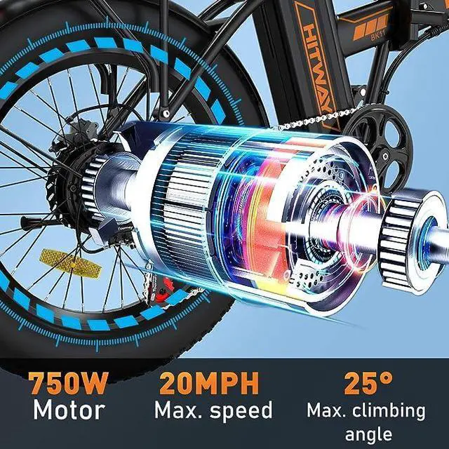 Alt view image 4 of 6 - HITWAY Electric Bike for Adults, 20" x 4.0 Fat Tire Ebike with 750W Motor, 48V/15Ah Foldable Electric Bike, E Bike Long Range for Mountain Beach Snow, Shimano 7-Speed Electric Bicycle Black/Orange