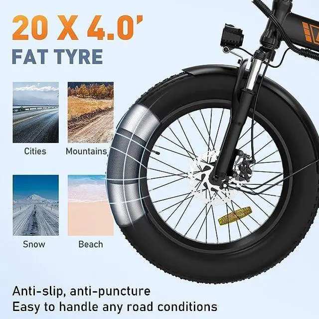 Alt view image 3 of 6 - HITWAY Electric Bike for Adults, 20" x 4.0 Fat Tire Ebike with 750W Motor, 48V/15Ah Foldable Electric Bike, E Bike Long Range for Mountain Beach Snow, Shimano 7-Speed Electric Bicycle Black/Orange
