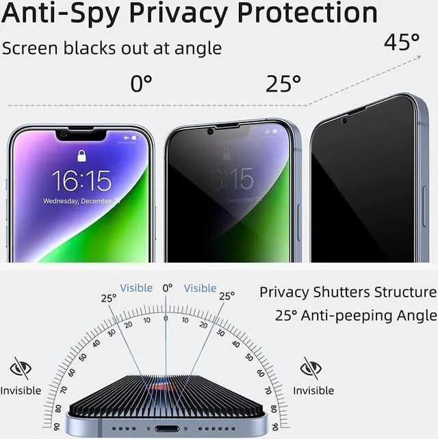 Alt view image 3 of 7 - Privacy Screen Protector for iPhone 13/13 Pro/14/16e [2-Pack][6.1 Inch] Display Tempered Glass Film with Easy Installation Frame Ultra HD 9H Hardness Scratch Resistant Case Friendly