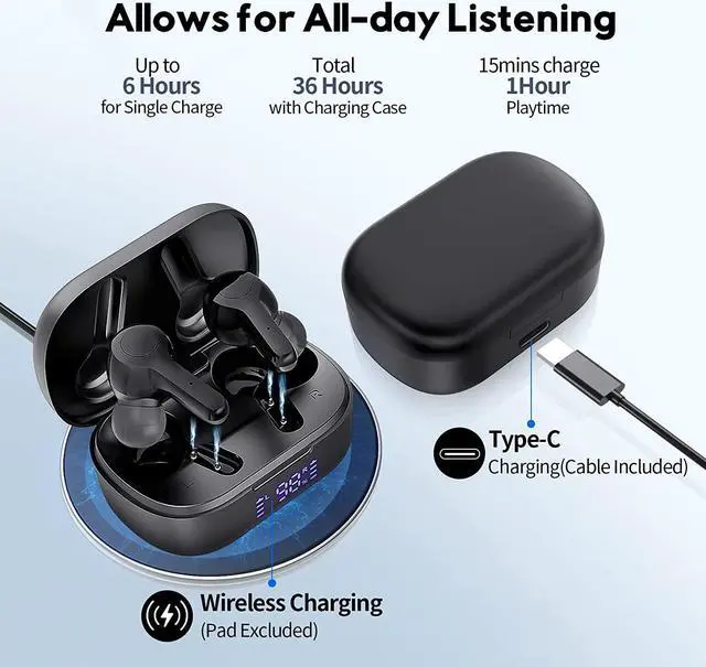 Alt view image 2 of 6 - MOZOTER Bluetooth 5.3 Wireless Earbuds,Deep Bass Loud Sound Clear Call Noise Cancelling with 4 Microphones in-Ear Headphones with Wireless Charging Case Compatible for iPhone Android,Workout