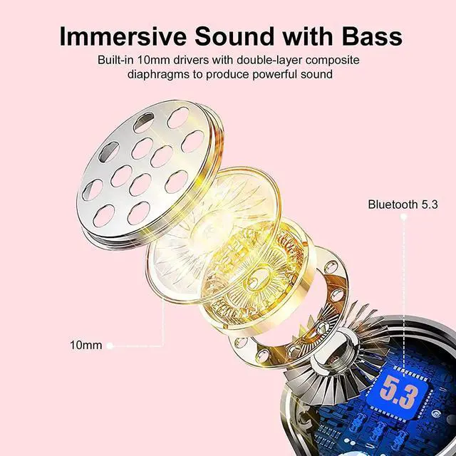 Alt view image 2 of 7 - Ear buds Wireless Earbuds, HiFi Stereo Bluetooth 5.3 Running Headphones with Dual LED Display 30Hrs Playtime, Built-in Mic, Type-C, in-Ear Bluetooth Earphones with Earhooks for Sport, Rose Gold