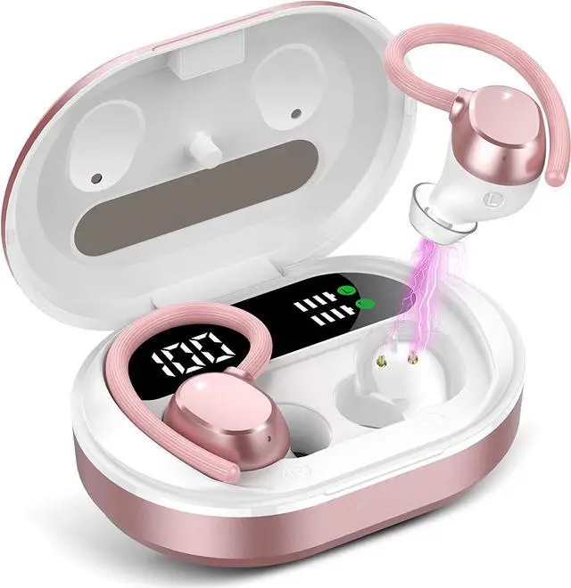Main image of Ear buds Wireless Earbuds, HiFi Stereo Bluetooth 5.3 Running Headphones with Dual LED Display 30Hrs Playtime, Built-in Mic, Type-C, in-Ear Bluetooth Earphones with Earhooks for Sport, Rose Gold