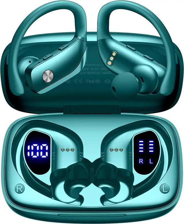 Alt view image 5 of 7 - 2 Sets Wireless Earbuds Bluetooth Headphones 48hrs Play Back Sport Earphones with LED Display Over-Ear Buds with Earhooks Built-in Mic Headset for Workout Mint Green+Green