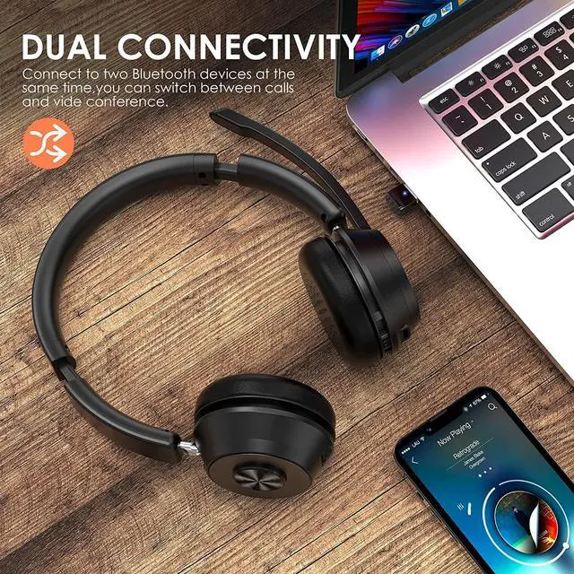 Alt view image 3 of 7 - Bluetooth Headset V5.1, Wireless Headset with Noise Canceling Microphone, 40 Hrs Work Time Office Headset with Bluetooth Dongle & Charging Base, AptX HD On-Ear Headphones with Mute Button (Black)
