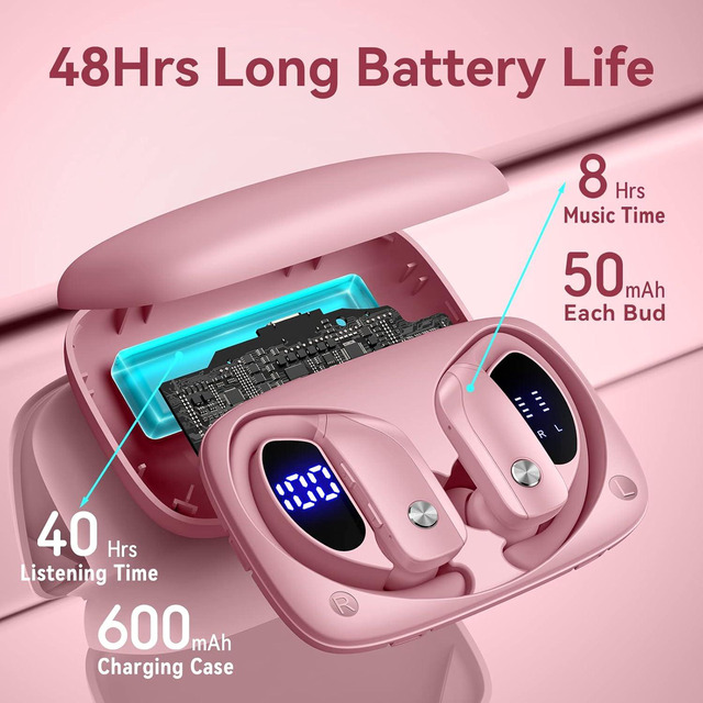 Bmani Wireless Earbuds With LED Display - 48hr Sport Earphones With Earhooks For Workout