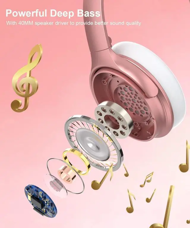 Alt view image 3 of 7 - INFURTURE H1 Active Noise Cancelling Bluetooth Headphone Over Ear Deep Bass | Comfortable, Hi-Fi Stereo, 90H Playtime, Low Latency, Foldable Lightweight for Travel, Office, Sport Running - Pink