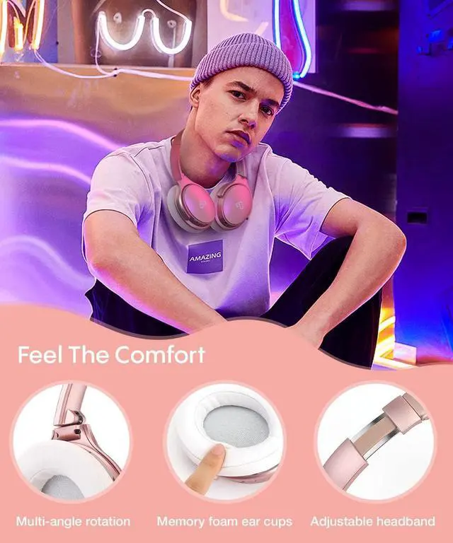 Alt view image 6 of 7 - INFURTURE H1 Active Noise Cancelling Bluetooth Headphone Over Ear Deep Bass | Comfortable, Hi-Fi Stereo, 90H Playtime, Low Latency, Foldable Lightweight for Travel, Office, Sport Running - Pink
