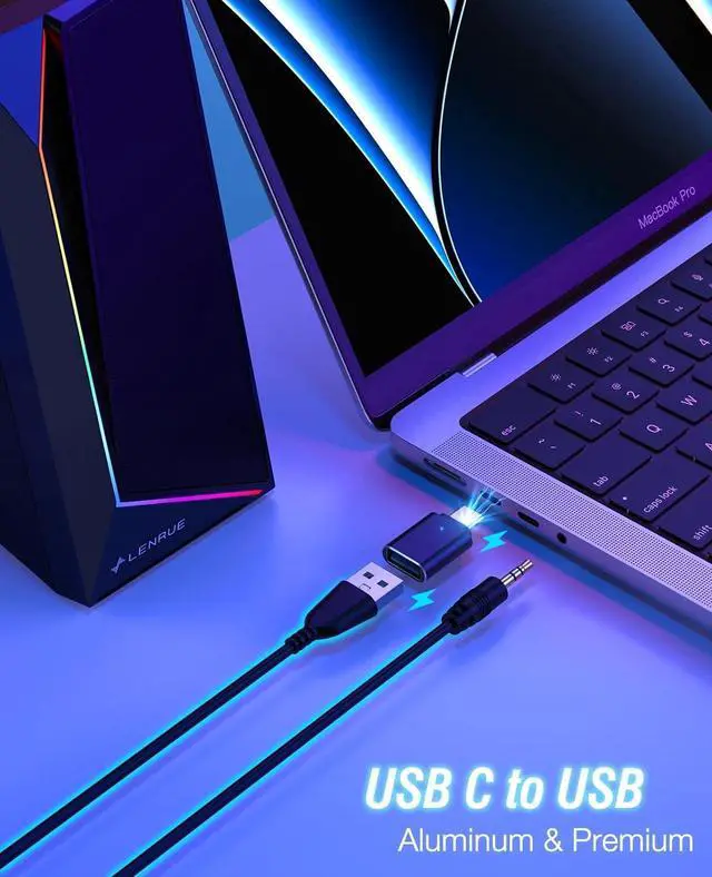 Alt view image 6 of 6 - LENRUE Computer Speakers, USB/USB-C Powered PC Speakers with Loud Stereo Sound, Headphone-in for Desktop, iMac, MacBook, Laptop, Monitor (USB-C to USB Adapter Included)