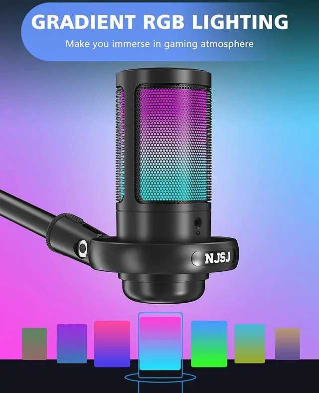 Alt view image 3 of 7 - USB Microphone for PC, Gaming Mic for PS4/ PS5/ Mac/Phone,Condenser Microphone with Touch Mute, RGB Lighting,Gain knob & Monitoring Jack for Streaming,Podcasting (with Desktop Stand, Black)