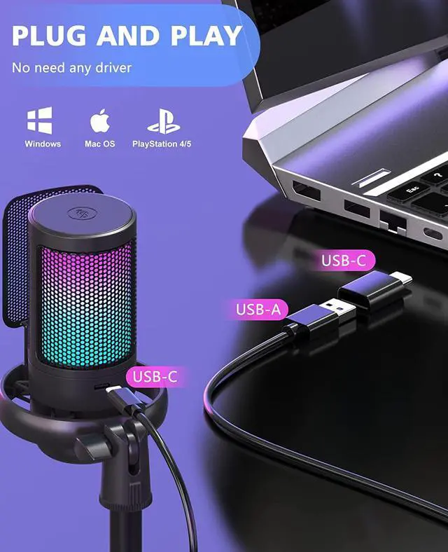 Alt view image 6 of 7 - USB Microphone for PC, Gaming Mic for PS4/ PS5/ Mac/Phone,Condenser Microphone with Touch Mute, RGB Lighting,Gain knob & Monitoring Jack for Streaming,Podcasting (with Desktop Stand, Black)
