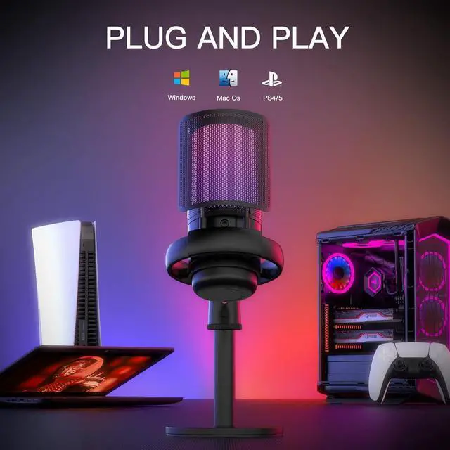 Alt view image 7 of 7 - USB Microphone for PC,Computer Gaming Mic for PS4/ PS5/ Mac,Condenser Mic with Quick Mute,RGB Light,Pop Filter,Shock Mount,Gain knob & Monitoring Jack for Recording,Streaming,Podcasting,YouTube
