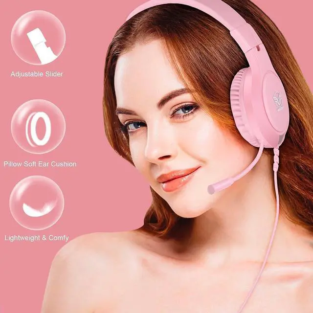 Alt view image 4 of 7 - Pink Gaming Headset for Nintendo Switch, Xbox One, PS4,PS5, Bass Surround and Noise Cancelling with Flexible Mic, 3.5mm Wired Adjustable Over-Ear Headphones for Laptop PC iPad Smartphones