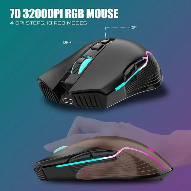 Alt view image 6 of 7 - RedThunder K10 Wireless Gaming Keyboard and Mouse Combo, LED Backlit Rechargeable 3800mAh Battery, Mechanical Feel Anti-ghosting Keyboard with Pudding Keycaps + 7D 3200DPI Mice for PC Gamer (Black)