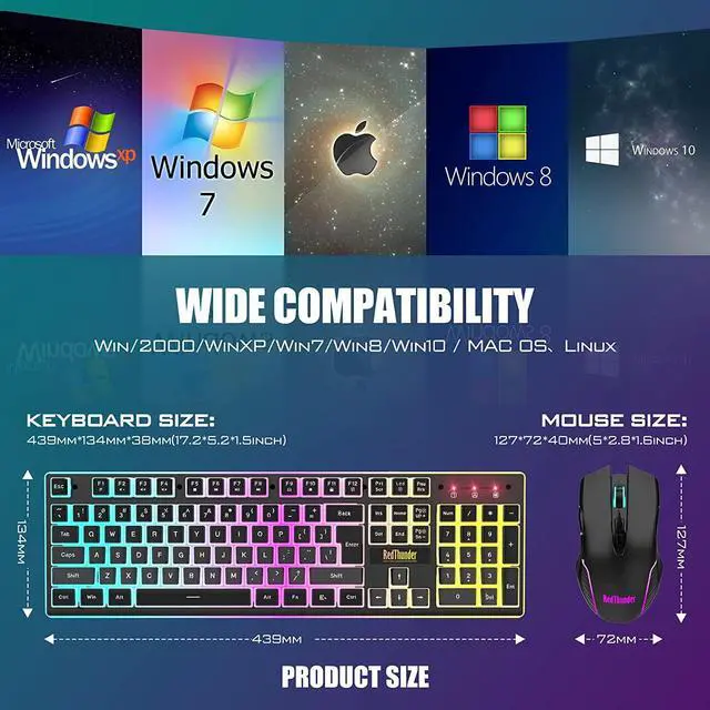 Alt view image 7 of 7 - RedThunder K10 Wireless Gaming Keyboard and Mouse Combo, LED Backlit Rechargeable 3800mAh Battery, Mechanical Feel Anti-ghosting Keyboard with Pudding Keycaps + 7D 3200DPI Mice for PC Gamer (Black)