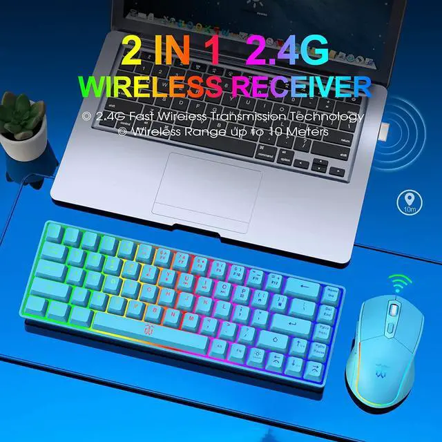 Alt view image 2 of 6 - Snpurdiri 60% Wireless Gaming Keyboard and Mouse Combo,LED Backlit Rechargeable 2000mAh Battery,Small Membrane But Mechanical Feel Keyboard + Popular RGB Mice for Gaming,Business Office(Blue)