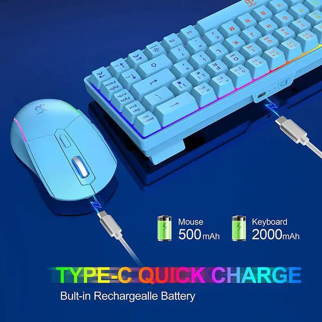 Alt view image 3 of 6 - Snpurdiri 60% Wireless Gaming Keyboard and Mouse Combo,LED Backlit Rechargeable 2000mAh Battery,Small Membrane But Mechanical Feel Keyboard + Popular RGB Mice for Gaming,Business Office(Blue)