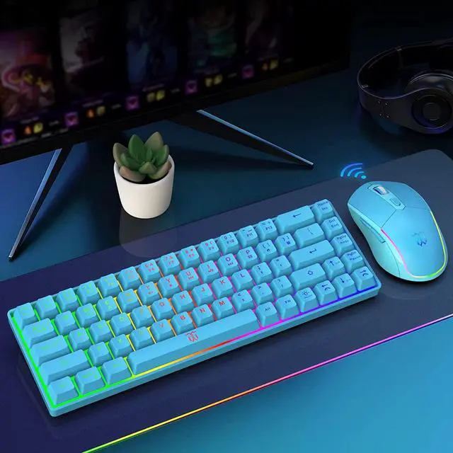 Alt view image 6 of 6 - Snpurdiri 60% Wireless Gaming Keyboard and Mouse Combo,LED Backlit Rechargeable 2000mAh Battery,Small Membrane But Mechanical Feel Keyboard + Popular RGB Mice for Gaming,Business Office(Blue)
