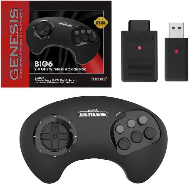 Main image of Retro-Bit BIG6 2.4 GHz Sega Genesis Wireless Arcade Controller Pad for Sega Genesis Original/Mini, Switch, PC, Mac - Black