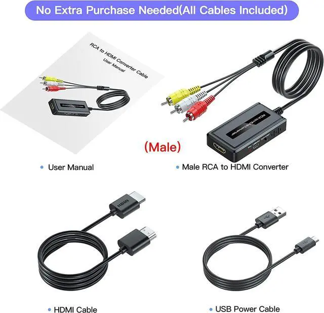 Alt view image 2 of 7 - Male RCA to HDMI Converter with HDMI Cable for DVD/STB/VHS with Female RCA Output(RCA Cable Integrated), CVBS AV Composite to HDMI Converter Supports Full HD 720P/1080P Output Switch