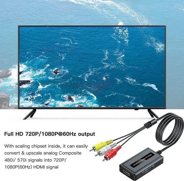 Alt view image 6 of 7 - Male RCA to HDMI Converter with HDMI Cable for DVD/STB/VHS with Female RCA Output(RCA Cable Integrated), CVBS AV Composite to HDMI Converter Supports Full HD 720P/1080P Output Switch