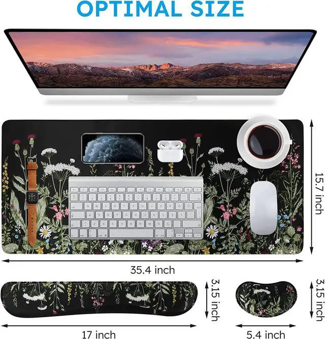 Alt view image 2 of 7 - Large Mouse pad for Desk Computer Desk Mat 3Pcs XXL Keyboard and Mouse Pad + Keyboard Wrist Rest Desk Matt for Desktop Easy Typing Pain Relief Ultra Thick Mousepad Keyboard Mat(Weeds)