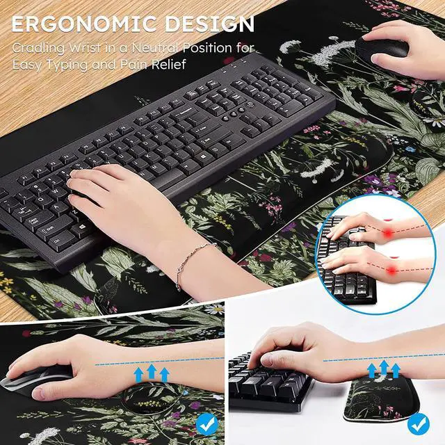 Alt view image 5 of 7 - Large Mouse pad for Desk Computer Desk Mat 3Pcs XXL Keyboard and Mouse Pad + Keyboard Wrist Rest Desk Matt for Desktop Easy Typing Pain Relief Ultra Thick Mousepad Keyboard Mat(Weeds)