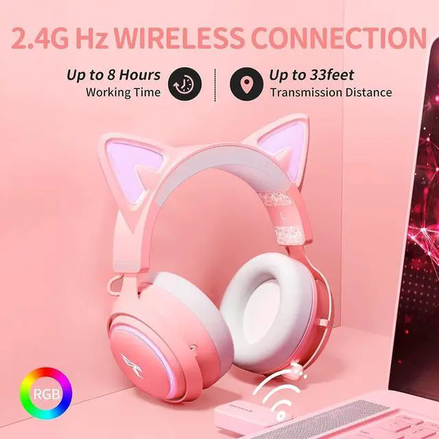 Alt view image 4 of 7 - SOMIC GS510 Cat Ear Headset Wireless Gaming Headset for PS5/ PS4/ PC, Pink Headset 2.4G with Retractable Mic, 7.1 Stereo Sound, 8Hrs Playtime, RGB Lighting for Girls (Xbox Only Work in Wired Mode)