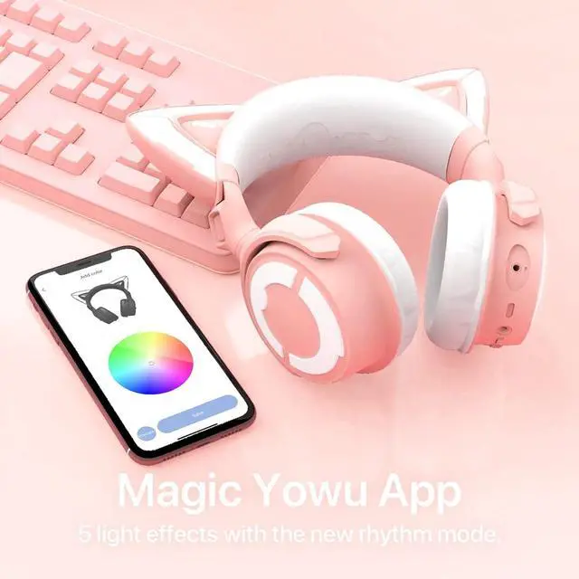 Alt view image 6 of 7 - YOWU Cat Ear Headphones 4, Wireless & Wired Gaming Headset with Microphone for PC/PS4/PS5/XBOX/Switch -Noise Reduction, Customizable Lighting and Effect via APP (Pink)